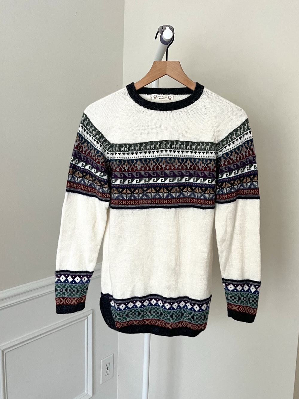 100% Alpaca Sweater Peru Vintage Geometric Neutral Winter Women’s Small Medium
